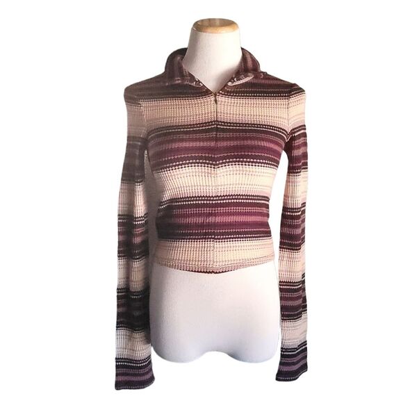 BDG Bunny Striped Thermal Waffle Knit Quarter Zip Long Sleeve Crop Top Purple M - Picture 2 of 12